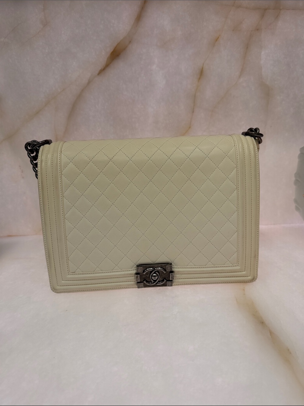 CHANEL Quilted Boy Crossbody in Light Beige with Ruthenium Hardware